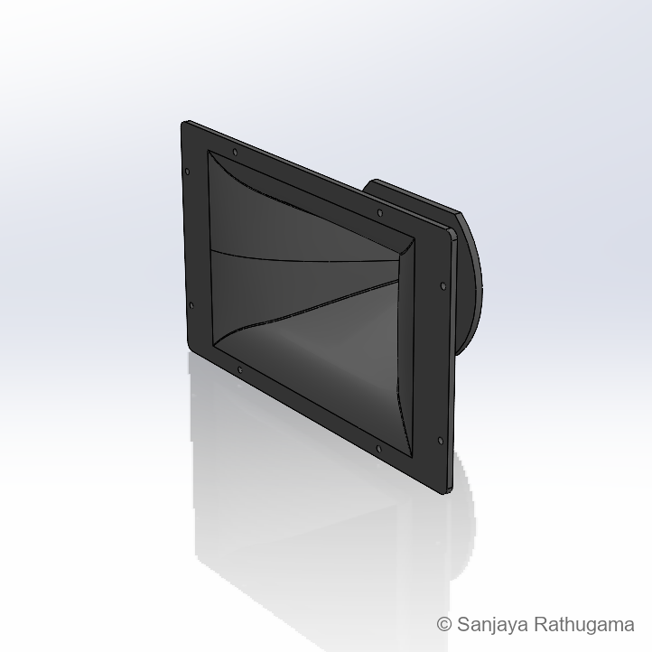 Front CAD view of the compact horn, showing the rectangular mouth, curved flare and mounting flange