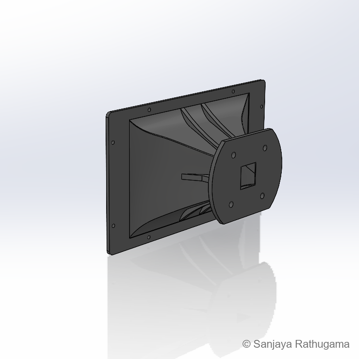 Rear CAD view of the custom horn showing reinforcing ribs, driver mounting flange and throat opening