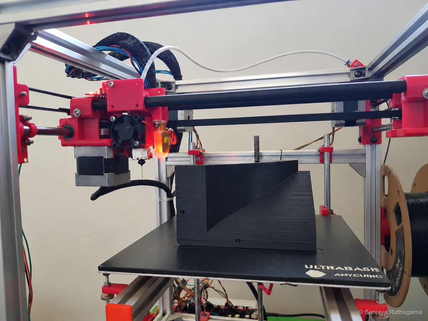 Black PETG quarter-section horn print on the home-built 3D printer