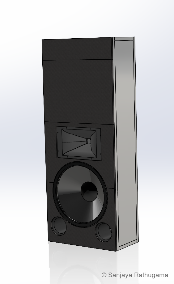 Exterior CAD view of the shallow LCR with its horn, woofer, two front ports and front treatment panels
