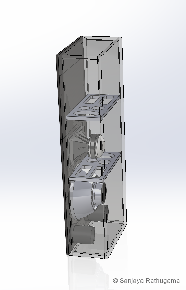 Transparent CAD view showing the compression driver, woofer, port ducts and internal window braces