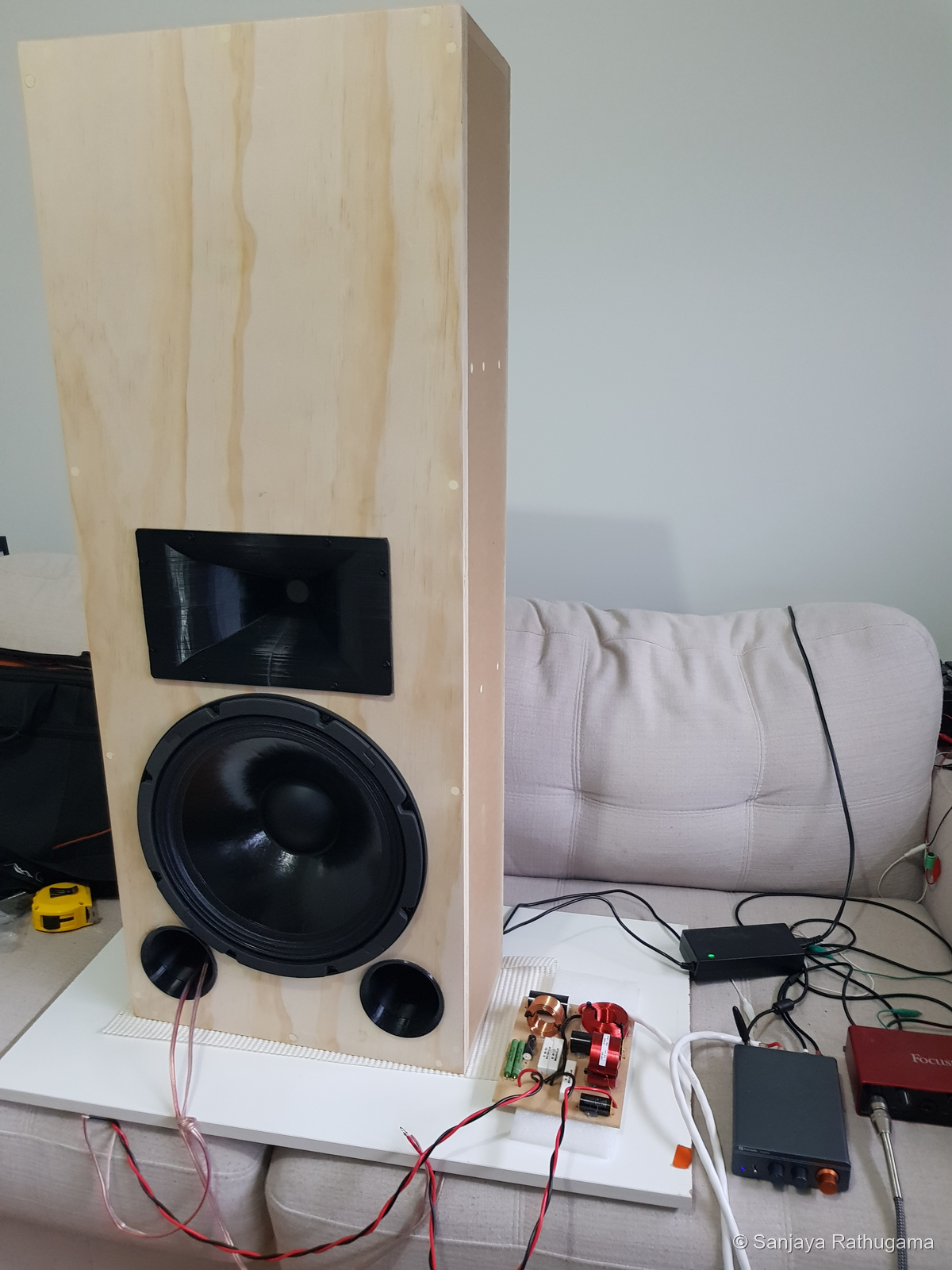 October test setup with populated speaker, external crossover, amplifier and Scarlett interface