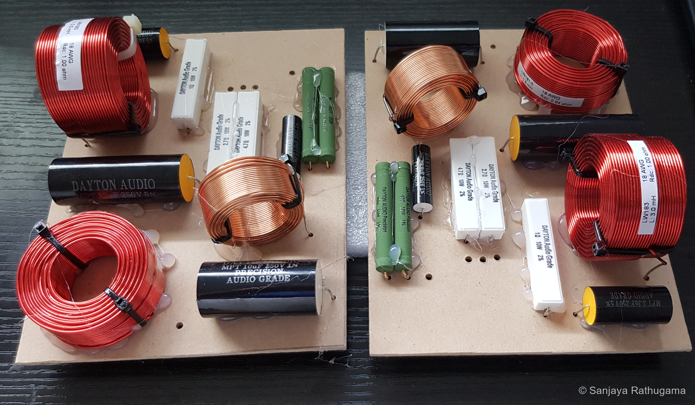 Passive crossover boards with inductors, capacitors and resistors mounted for the LCR speakers