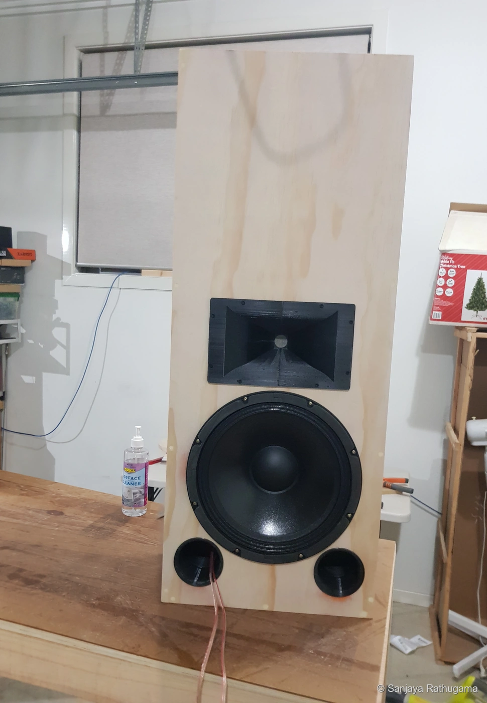 Populated shallow LCR cabinet with printed horn, 12-inch woofer and dual ports