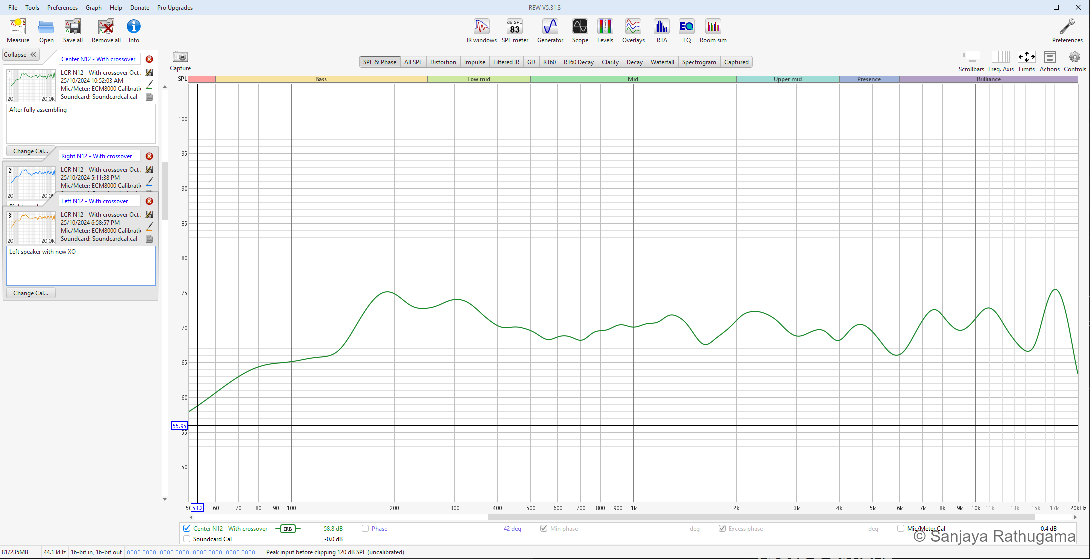 Native REW screenshot of the fully assembled centre speaker response, with its channel name and ERB smoothing visible