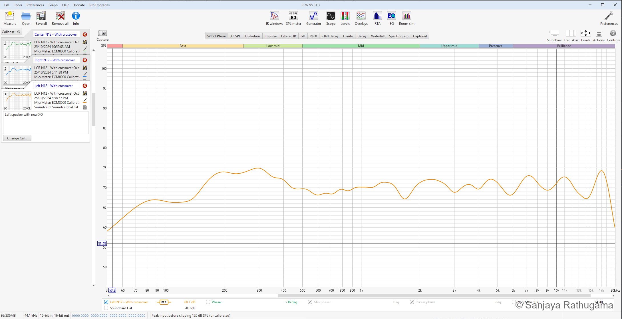Native REW screenshot of the left speaker with its new crossover, using ERB smoothing