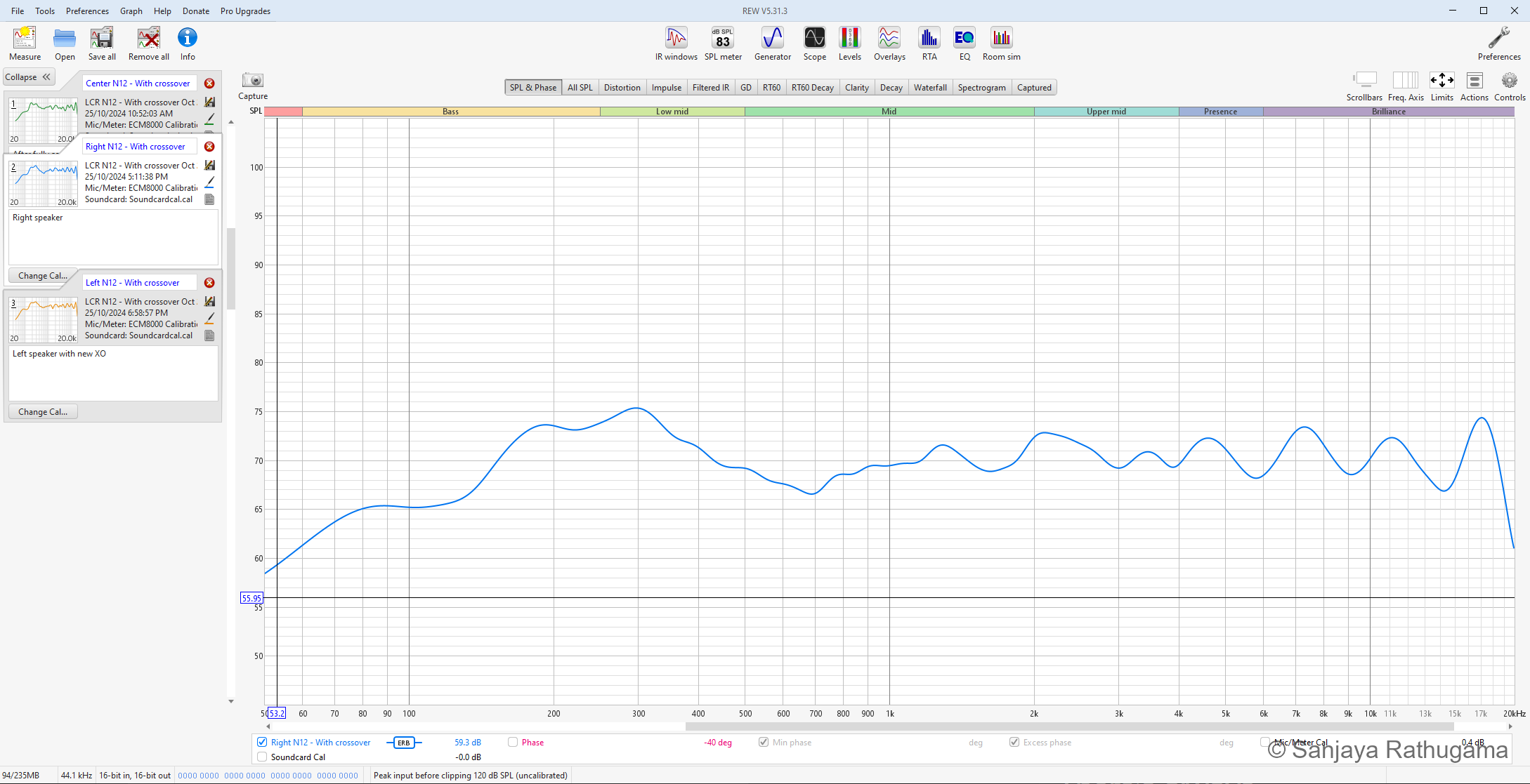 Native REW screenshot of the right speaker response with ERB smoothing