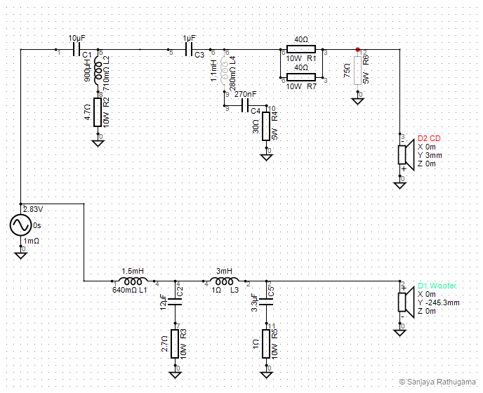 The saved LCR passive crossover schematic in VituixCAD