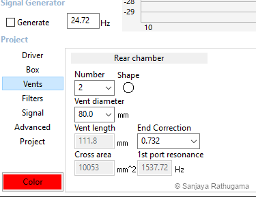 WinISD vent settings showing two 80 mm ports and 111.8 mm length