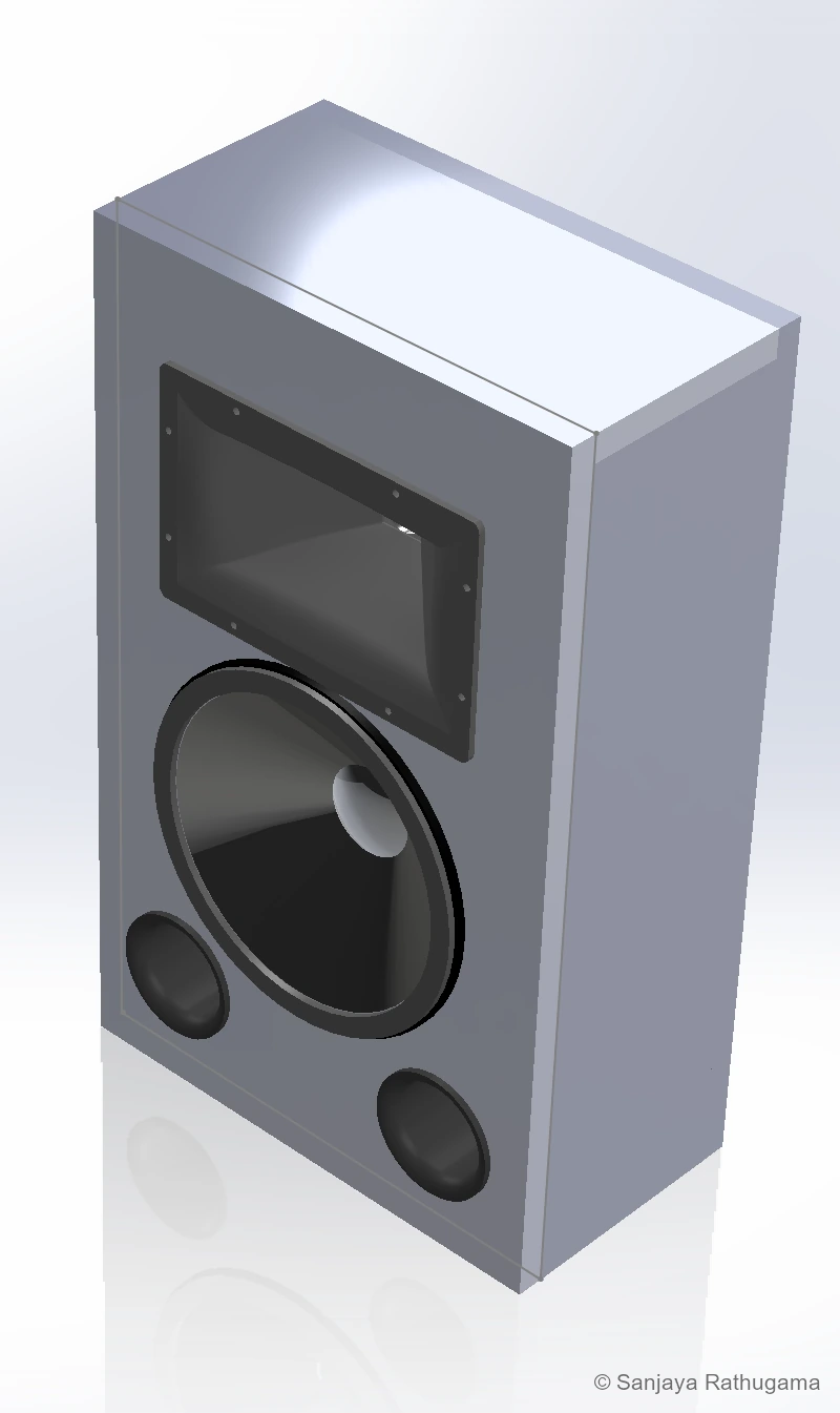 Native CAD assembly view of the smaller two-way speaker with horn, woofer and dual ports