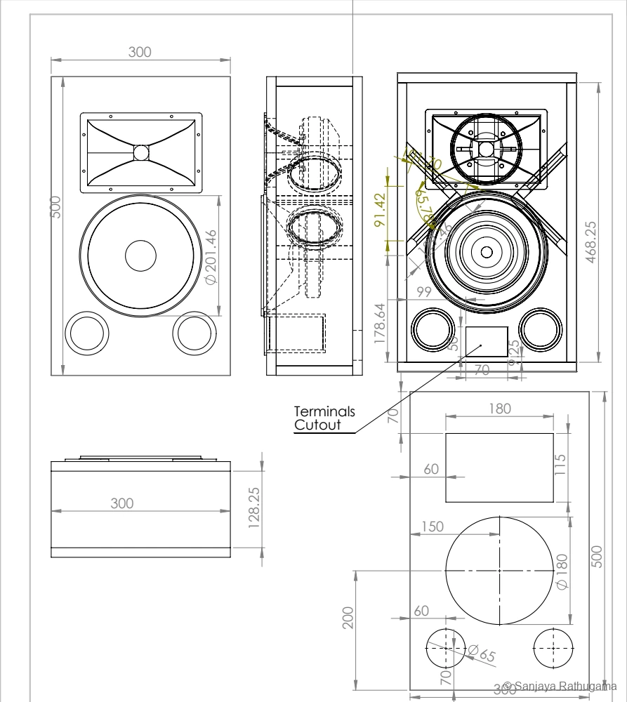 Original multi-view CAD drawing of the smaller horn-loaded speaker