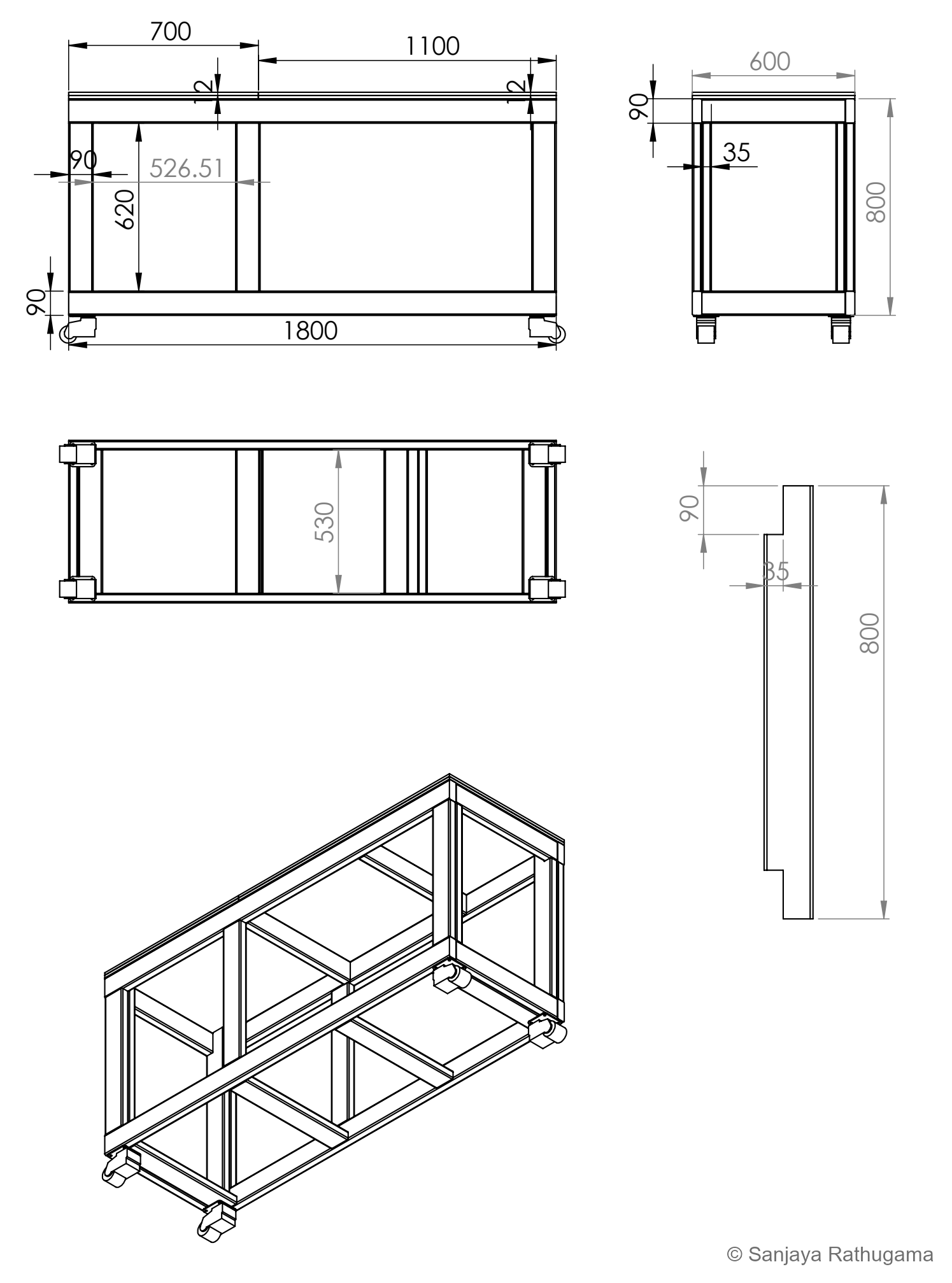 CAD drawing of the original open workbench, showing front, side, plan and isometric views