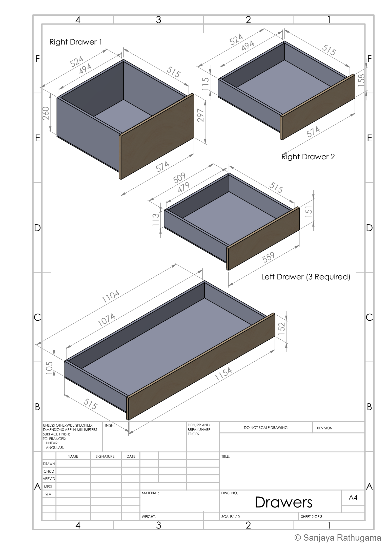 Dimensioned CAD views of the shallow, deep and wide drawer designs with separate fronts