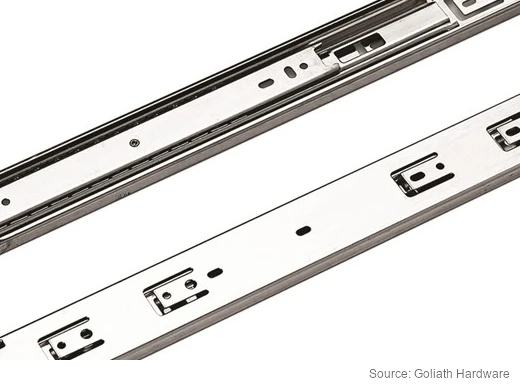 Detail of nested drawer-runner sections and elongated fixing slots