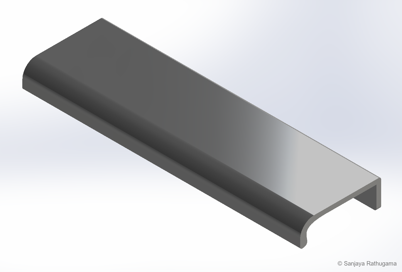 CAD rendering of the custom drawer handle, showing its rounded finger lip and return flange