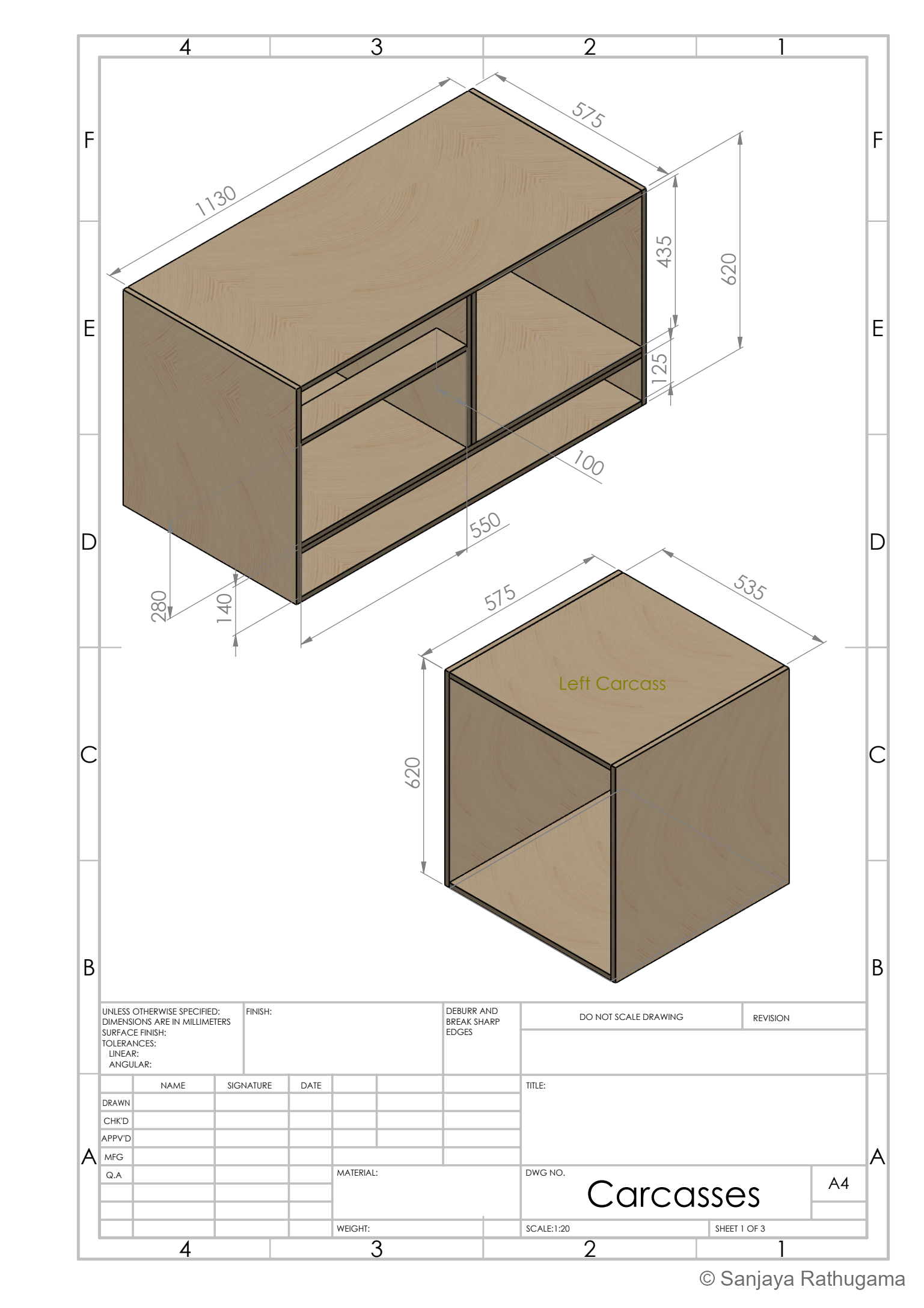 Dimensioned CAD views of the main storage carcass and the separate left-hand drawer carcass