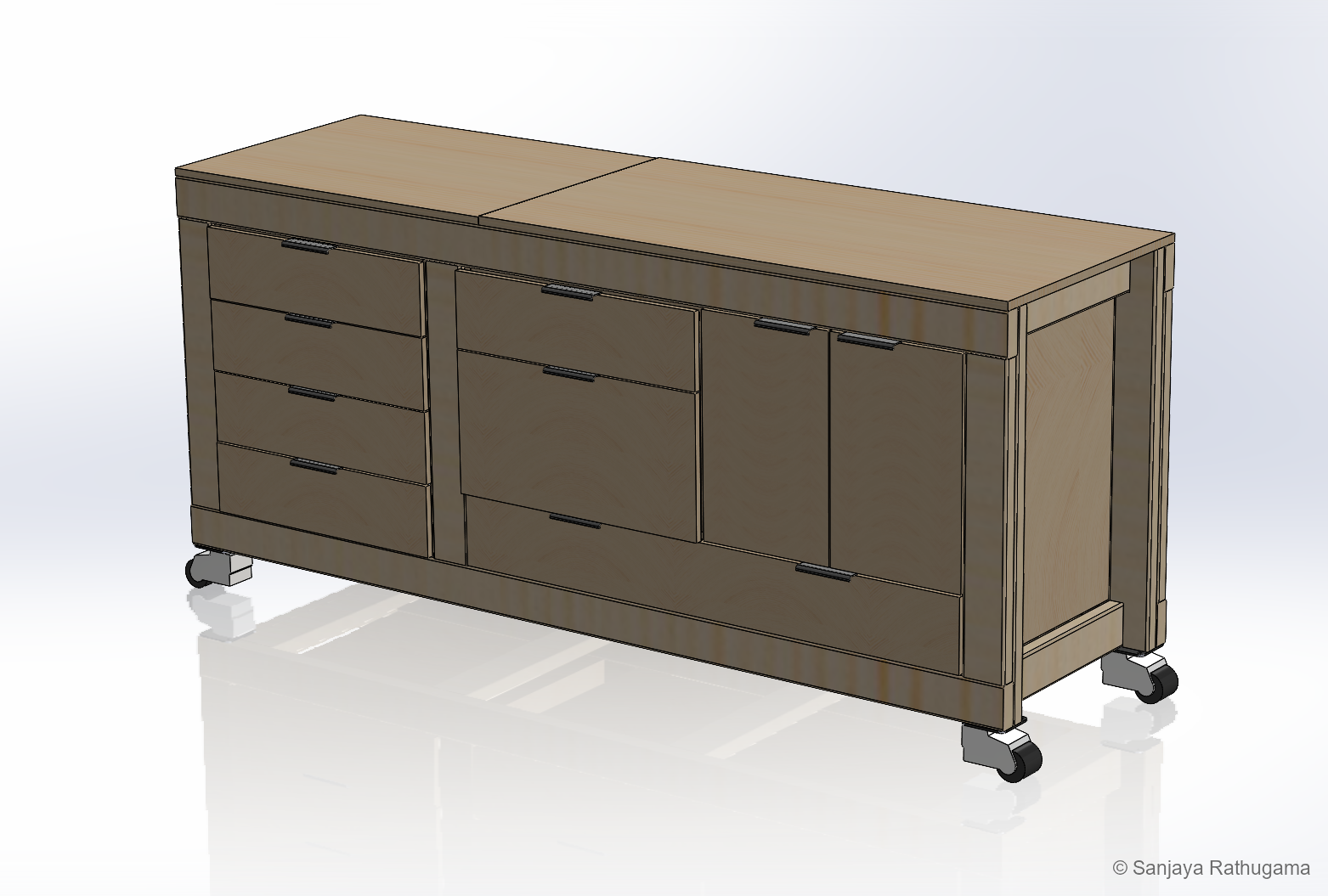 Shaded three-quarter front CAD view of the complete workbench assembly, including the timber frame, castors, drawers and planned cupboard doors